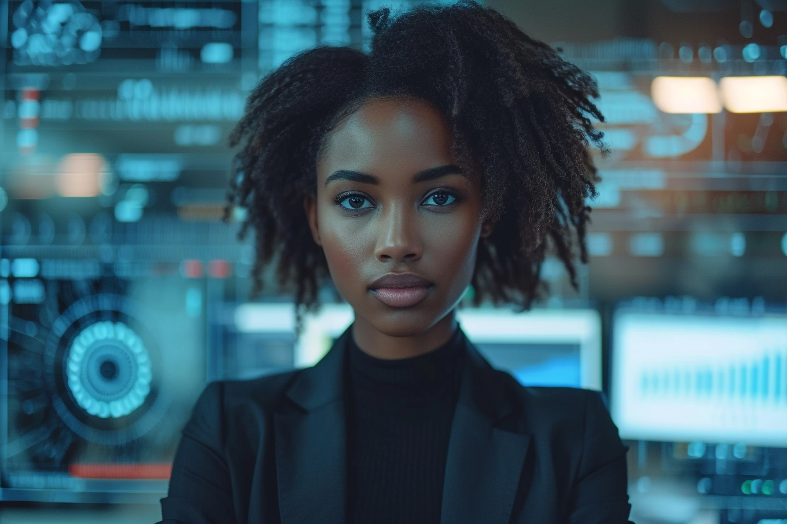 Vue de face sur une femme noire, développeur informatique, travaillant avec un ordinateur dans un bureau sombre,